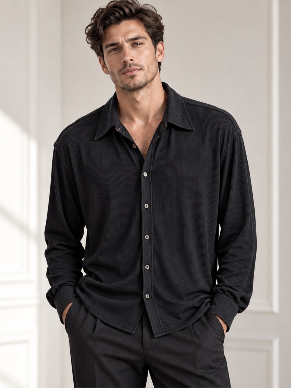Paul & Joe Ribbed Black Long-Sleeve Button-Down Shirt Medium Made France